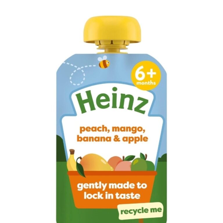 HEINZ PEACH, MANGO, BANANA & APPLE BABY FOOD FRUIT PUREE POUCH 6+ MONTHS 100g