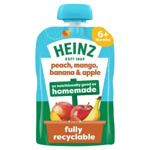HEINZ PEACH, MANGO, BANANA & APPLE BABY FOOD FRUIT PUREE POUCH 6+ MONTHS 100g