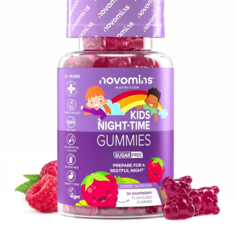 Kids Night-Time Gummies - 30 Gummies - Magnesium, L-Theanine, Vitamin B Complex - Vegan & Gluten-Free - Suitable for Ages 3+ - Novomins