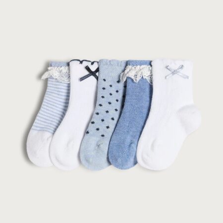 F&F Baby 5 Packs Cotton Rich Lace And Bow Ankle Socks In Blue