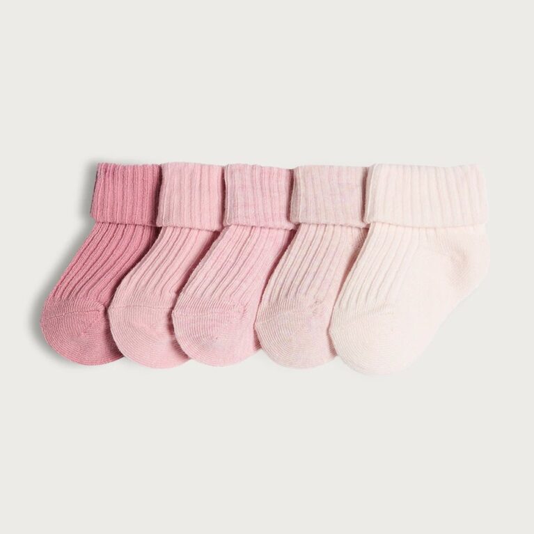 F&F Baby 5-Packs Cotton Blend Ripped Roll Top Sock In Pink.