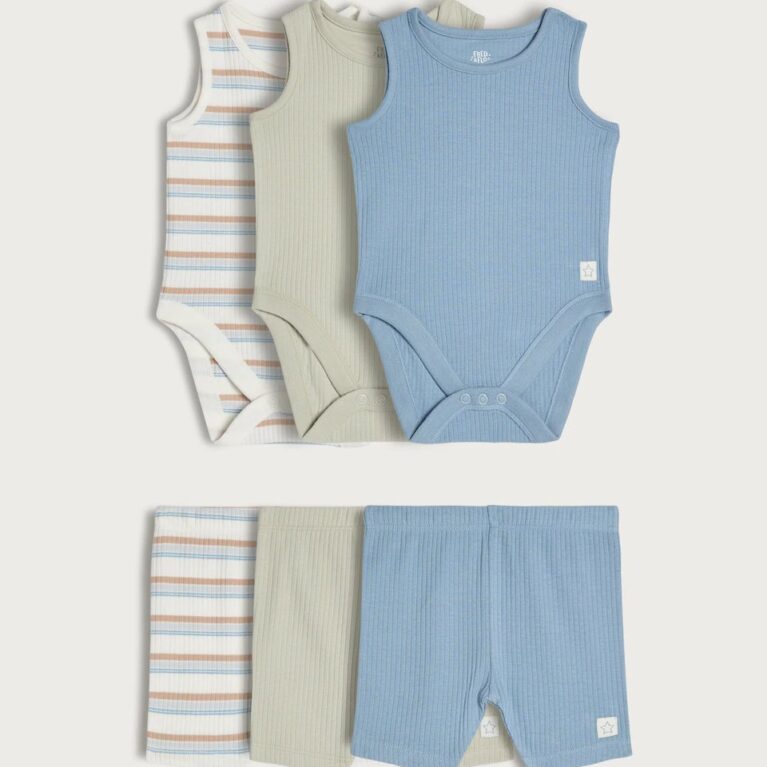 F&F Baby 6-Pcs Stripped Ripped Bodysuits and Short Set.
