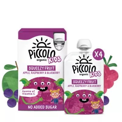 Piccolo Organic Kids Squeezy Fruit Apple, Raspberry & Blueberry 4x90g (3yrs)